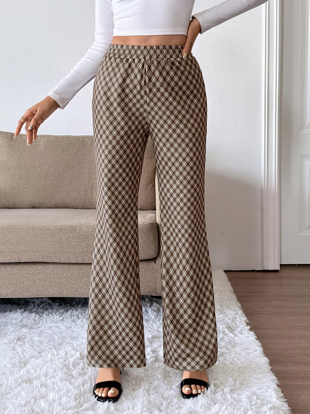 Plaid High-Waisted Wide Leg Pants - Girly Tea