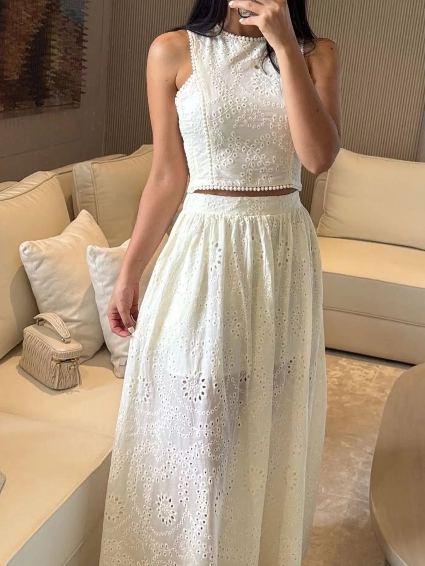 Eyelet Crop Top and Maxi Skirt Set - Girly Tea