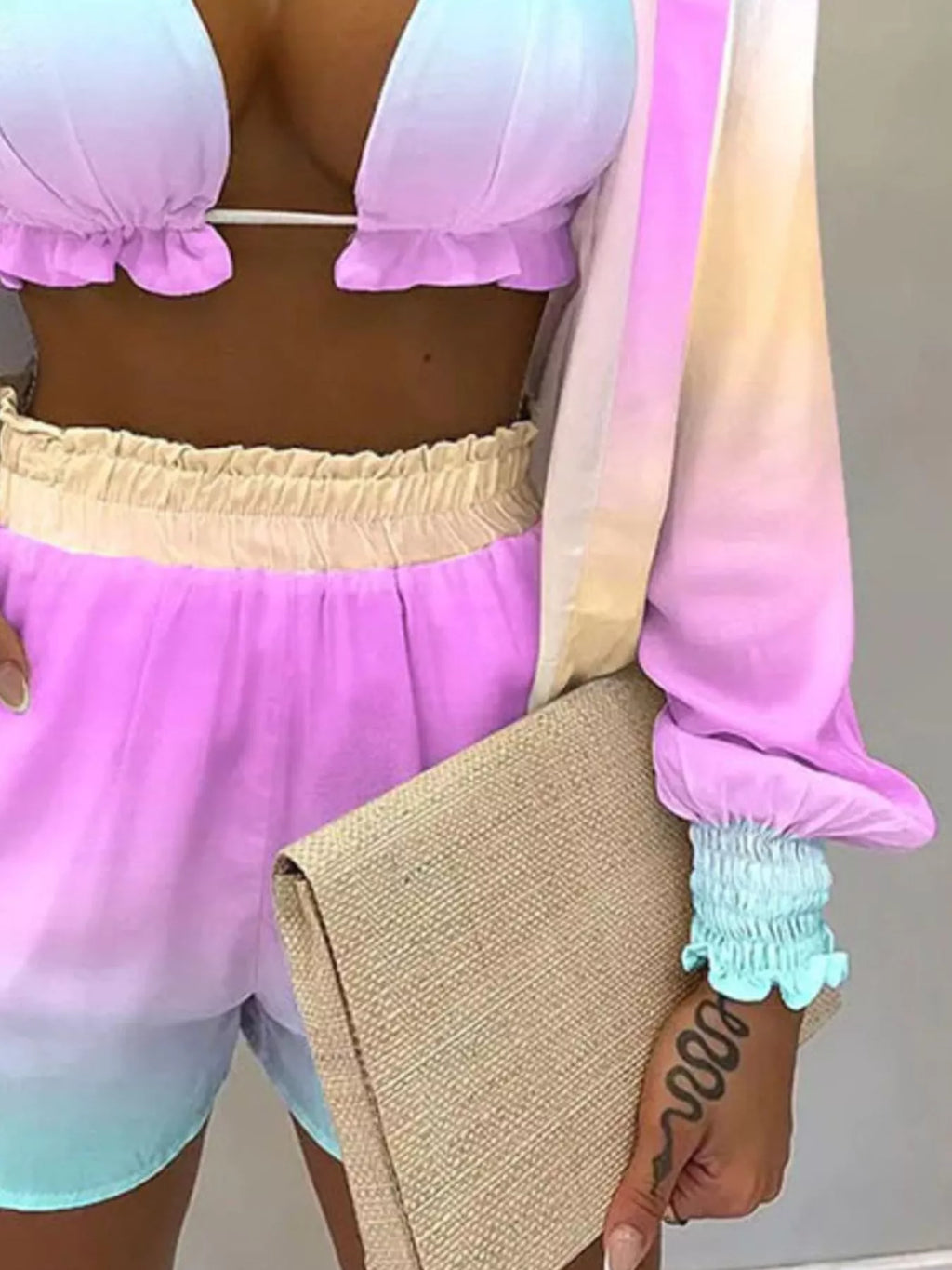 Full Size Halter Neck Cami & Shirt & Shorts 3-Piece Outfit Set Plus Size - Girly Tea