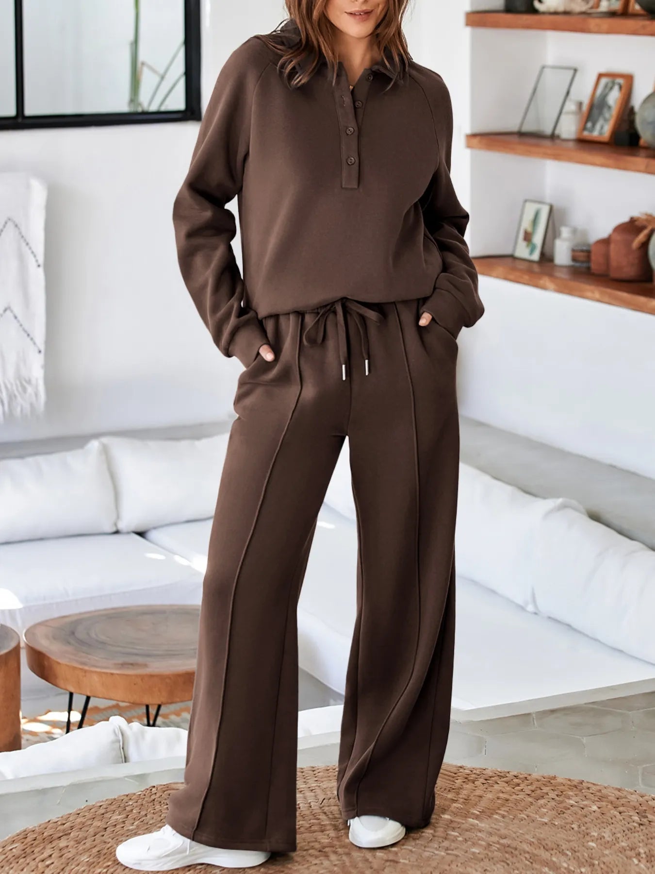 Collared Sweatshirt and High Waist Pants Active Set - Girly Tea