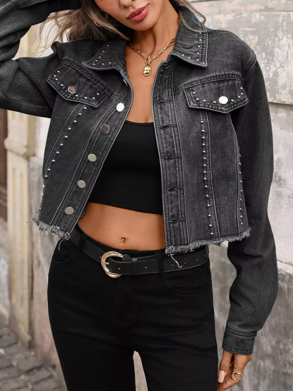 Studded Raw Hem Denim Jacket - Girly Tea