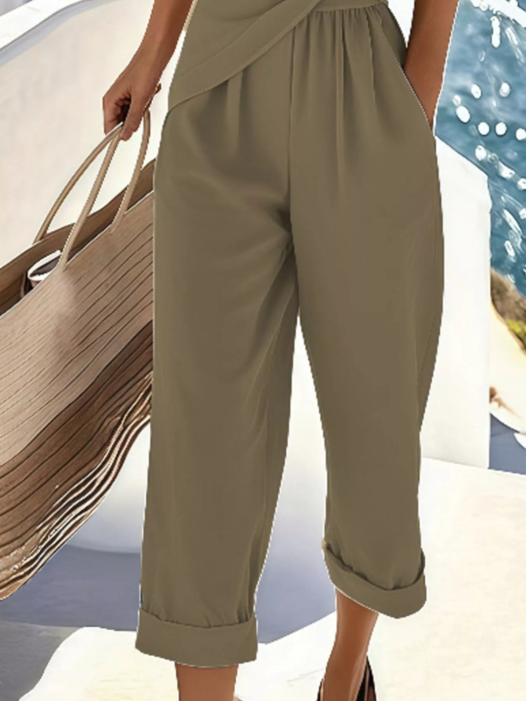 Full Size Surplice Short Sleeve Top and Pants Set Plus Size - Girly Tea