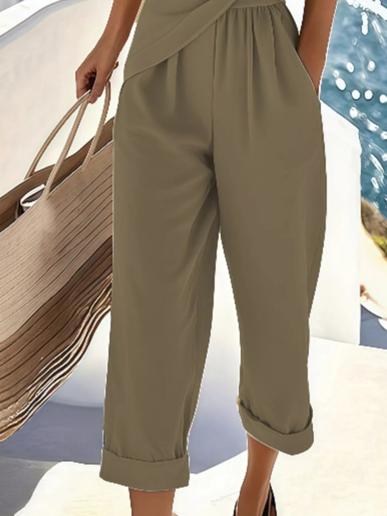 Full Size Surplice Short Sleeve Top and Pants Set Plus Size - Girly Tea