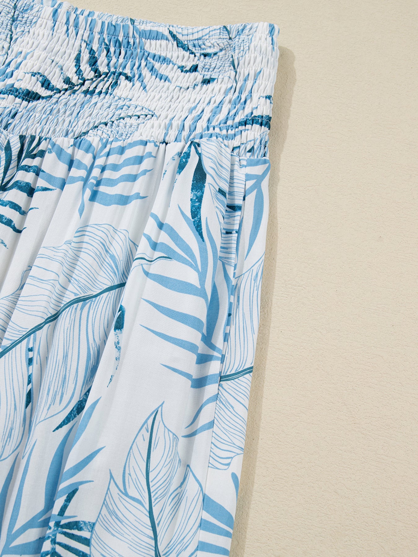 Tropical Print Shirred Waistband Wide Leg Pants - Girly Tea