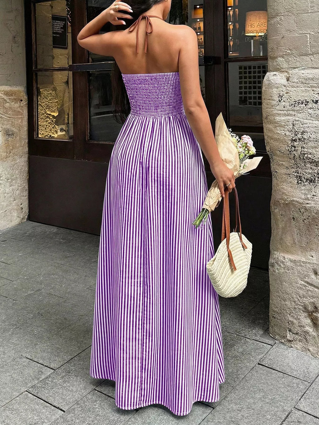 Striped Halter Neck Maxi Dress - Girly Tea