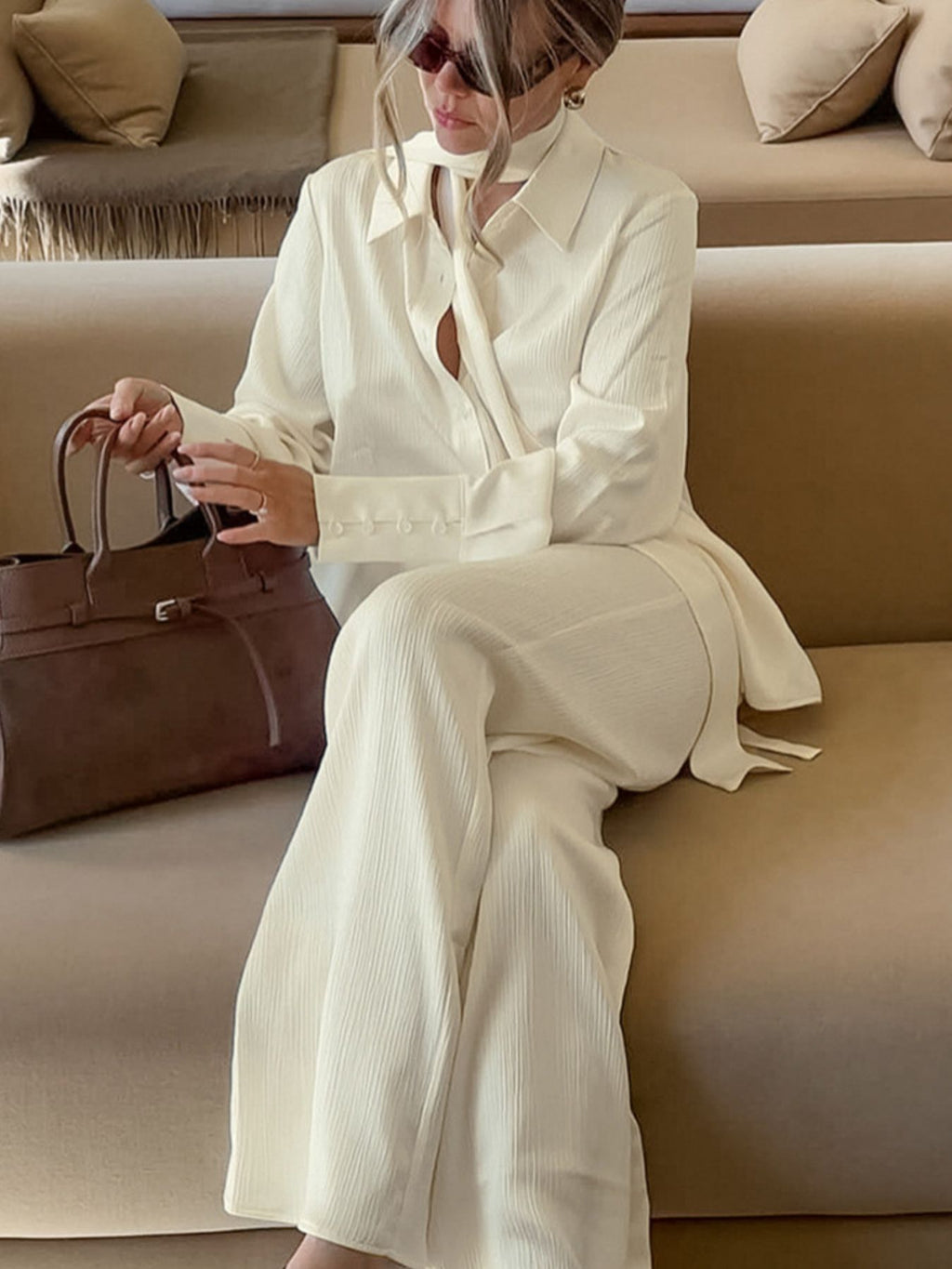 Texture Shirt and Wide-Leg Pants Set - Girly Tea