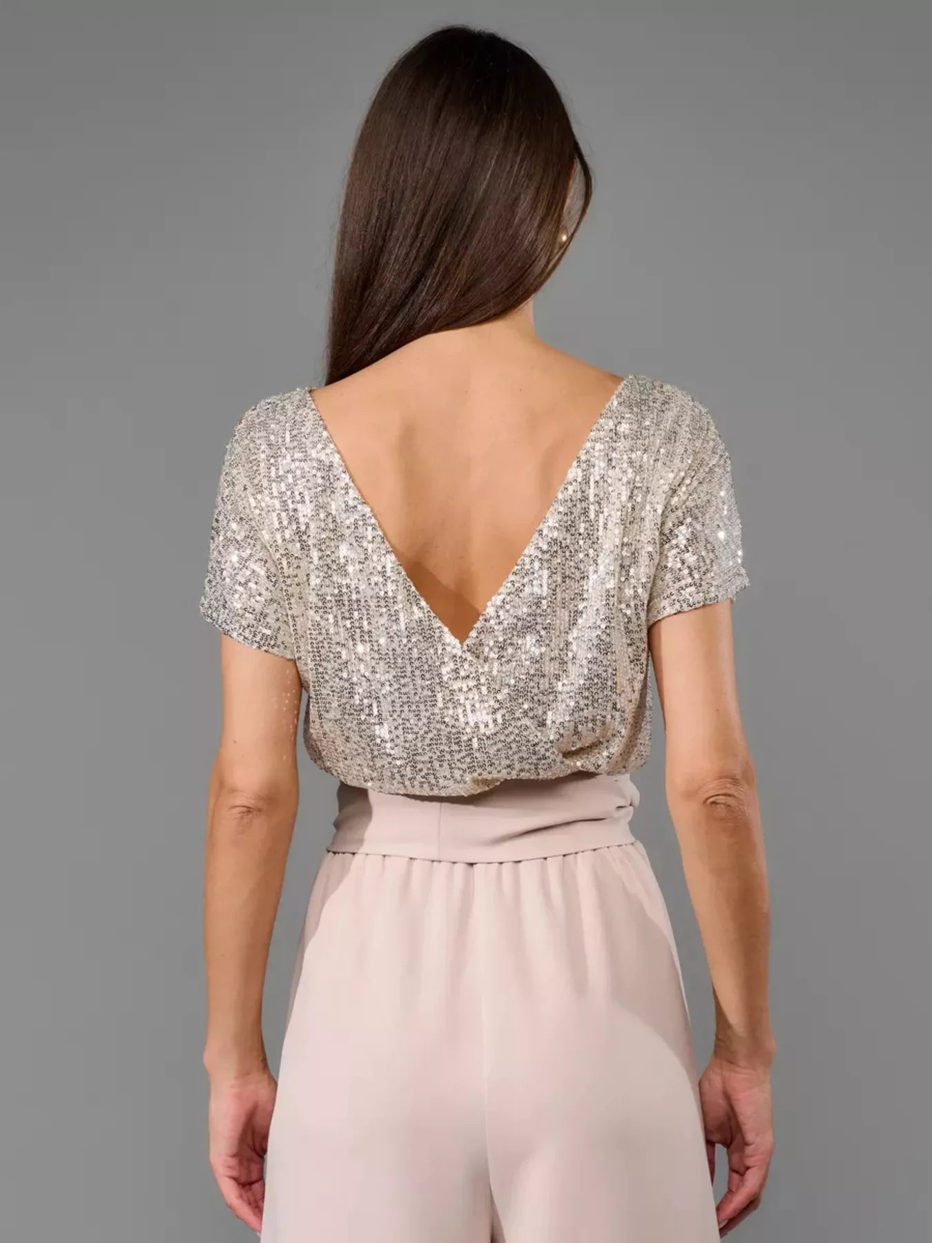 Full Size Sequin Short Sleeve Wide Leg Jumpsuit Plus Size - Girly Tea