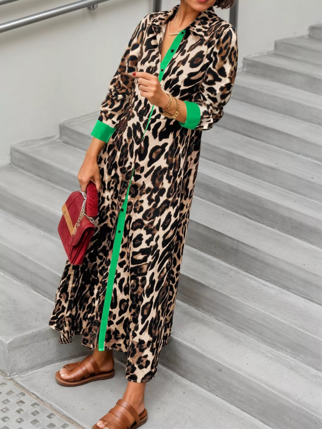 Leopard Print Long Sleeve Shirt Dress with Contrast Trim - Girly Tea