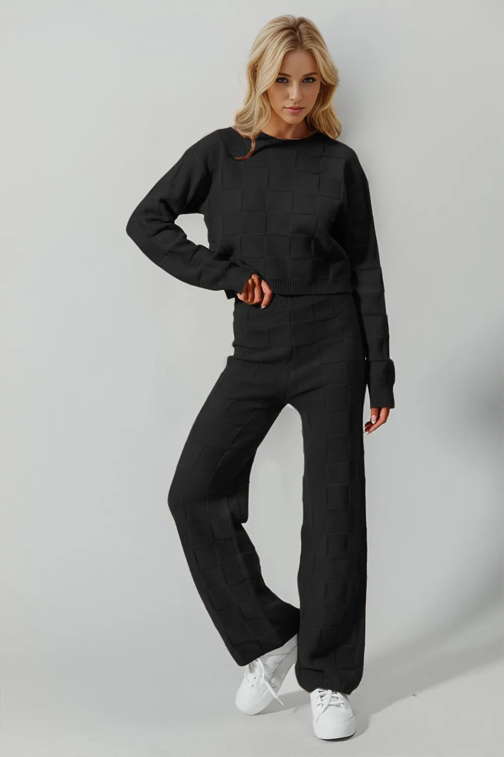 Double Take Full Size Checkered Round Neck Top and Pants Set - Girly Tea
