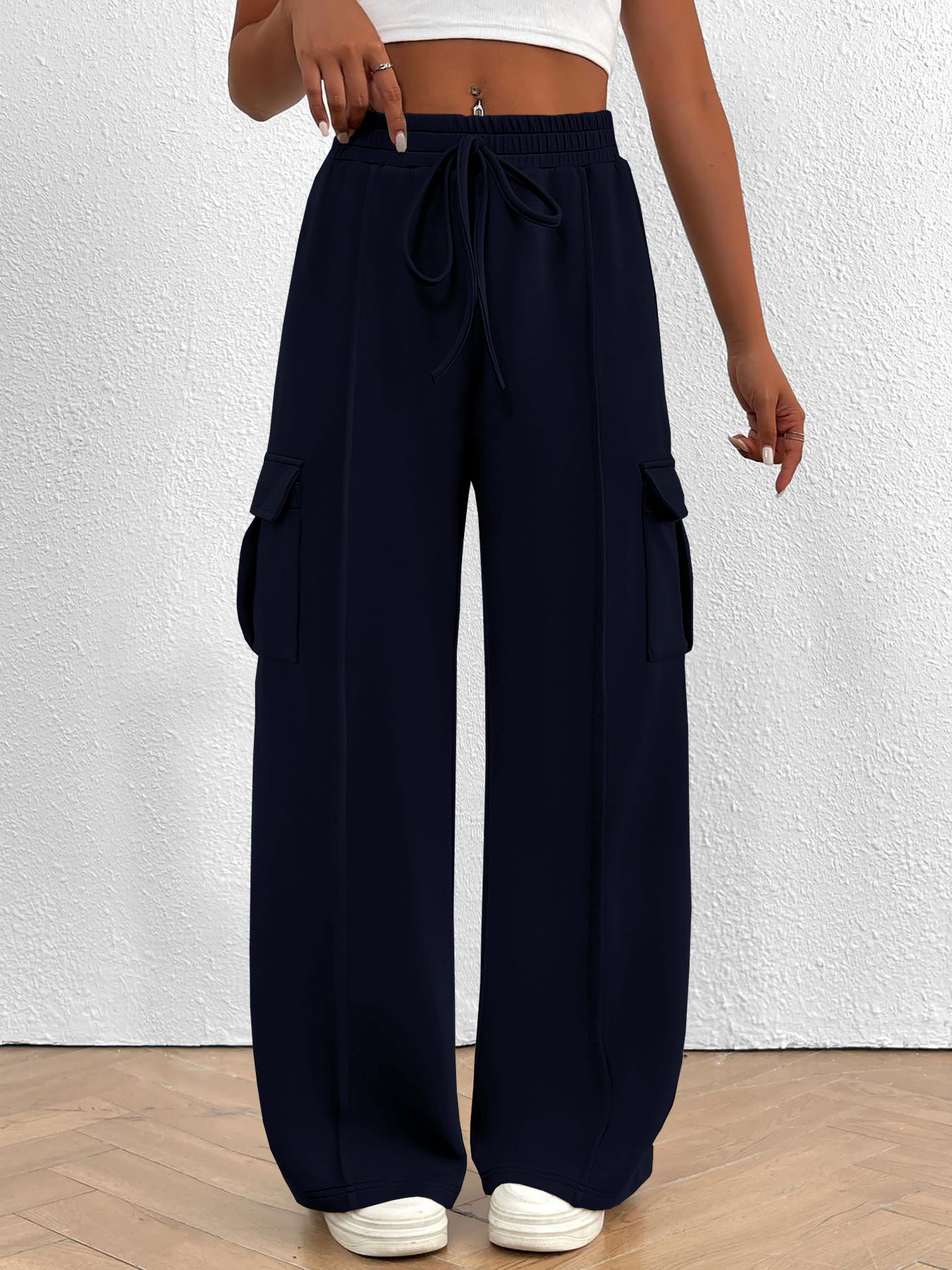 Casual High Waist Cargo Pants with Drawstring - Girly Tea