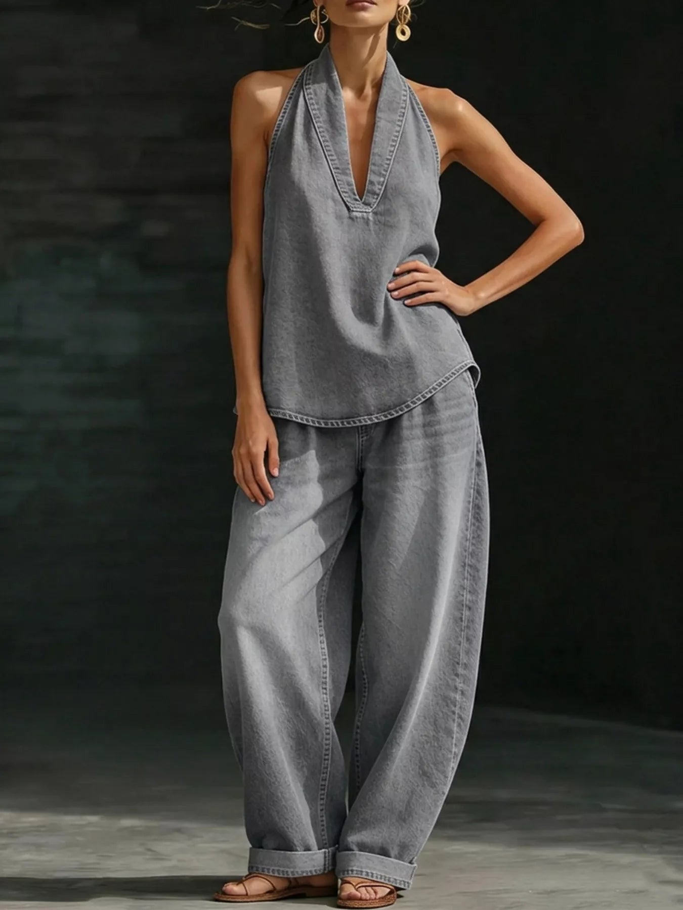 Full Size Halter Neck Top and Wide Leg Pants Plus Size - Girly Tea