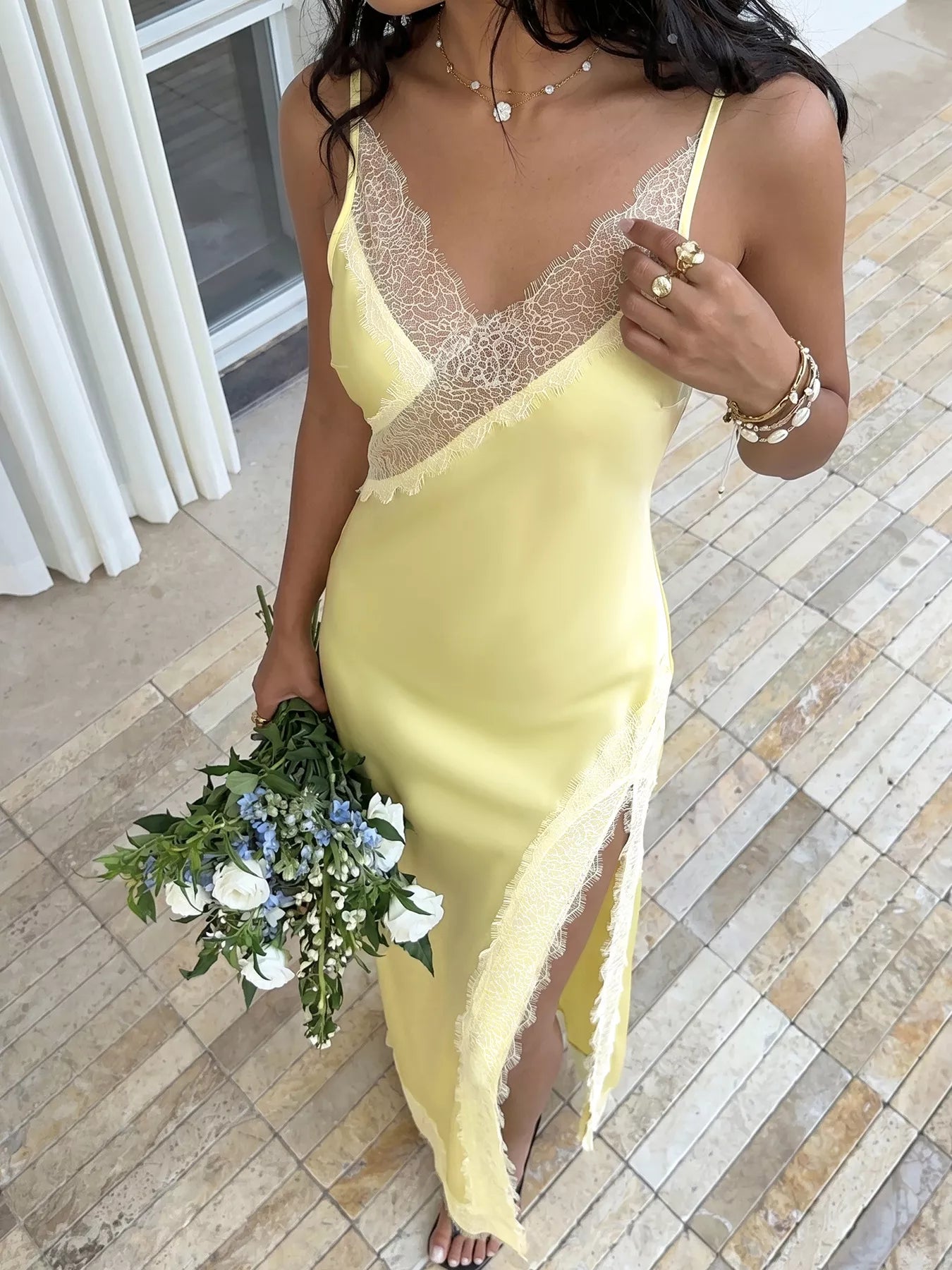 Lace Trimmed Slit Midi Dress - Girly Tea