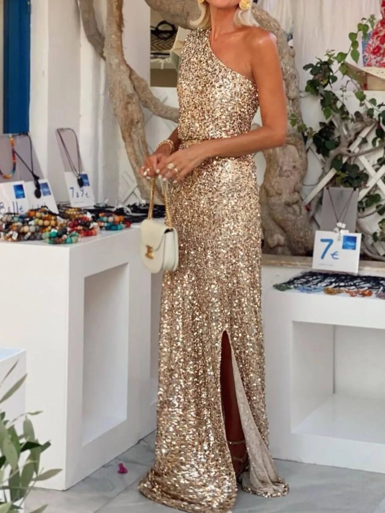 Sequin One-Shoulder Slit Maxi Dress - Girly Tea