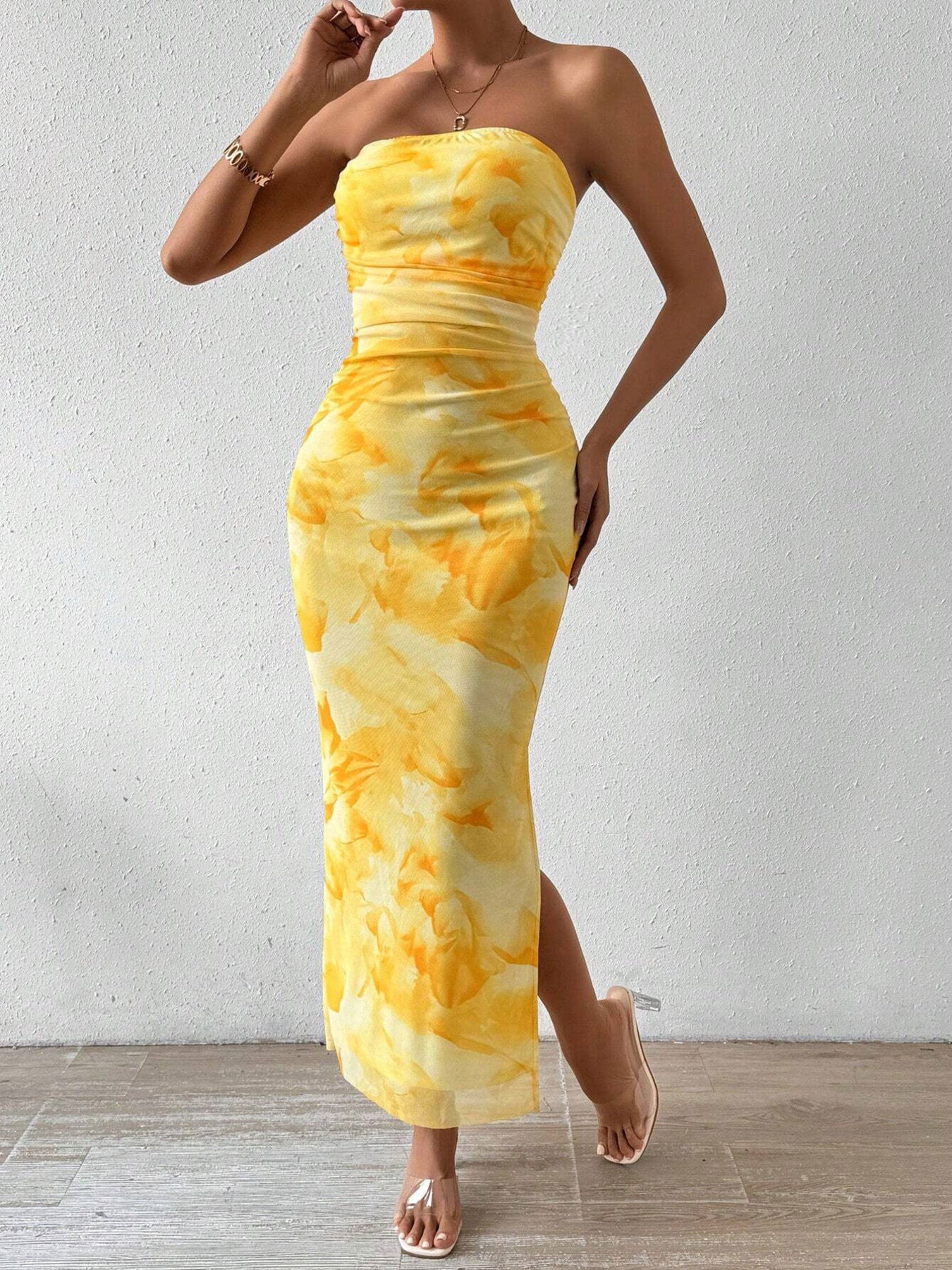 Ruched Strapless Bodycon Midi Dress - Girly Tea