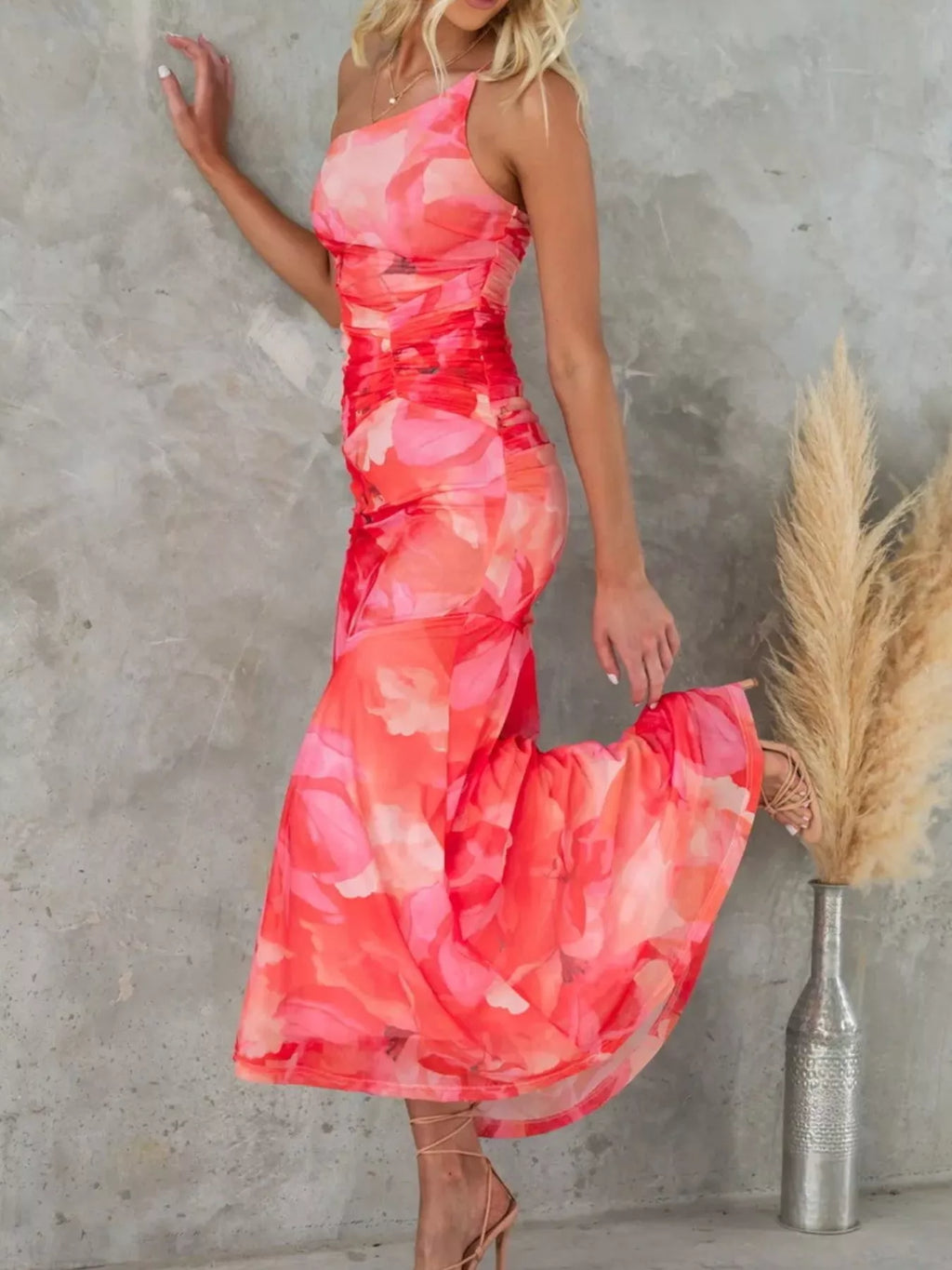 Floral Print One-Shoulder Ruched Maxi Dress - Girly Tea