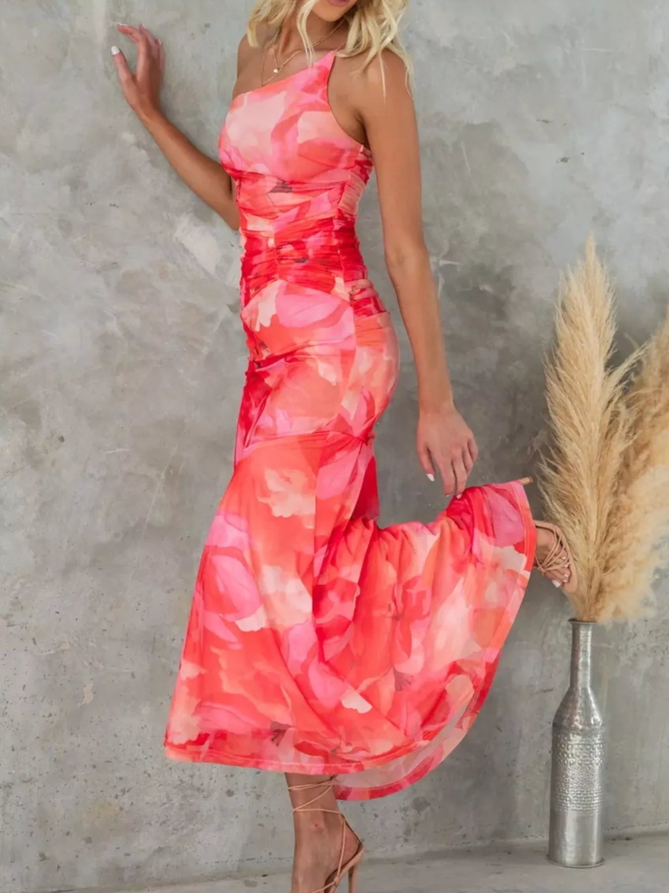 Floral Print One-Shoulder Ruched Maxi Dress - Girly Tea