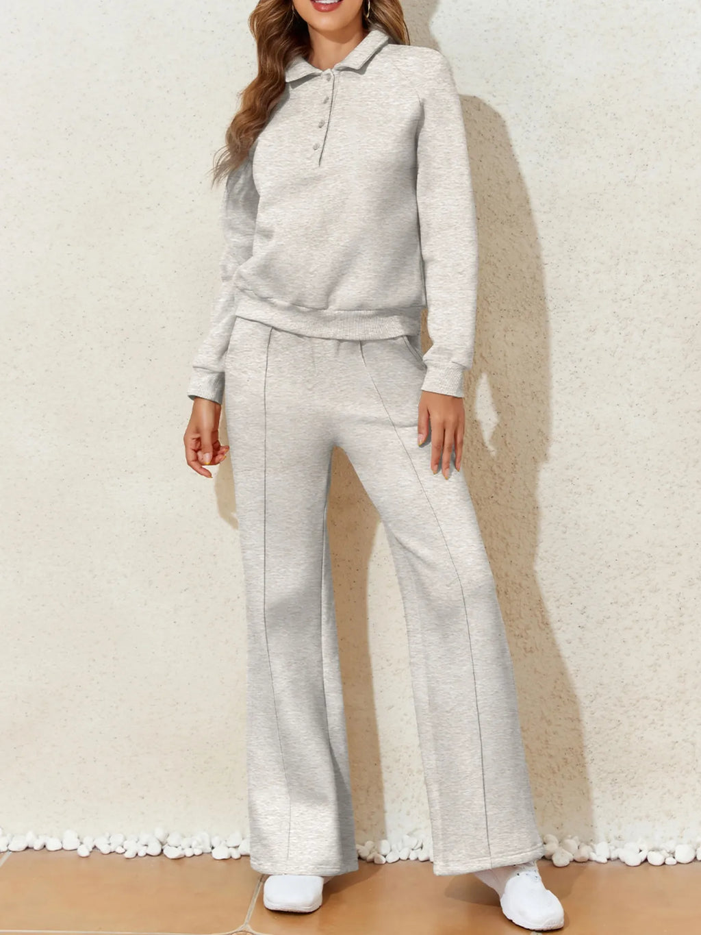 Collared Sweatshirt and High Waist Pants Active Set - Girly Tea