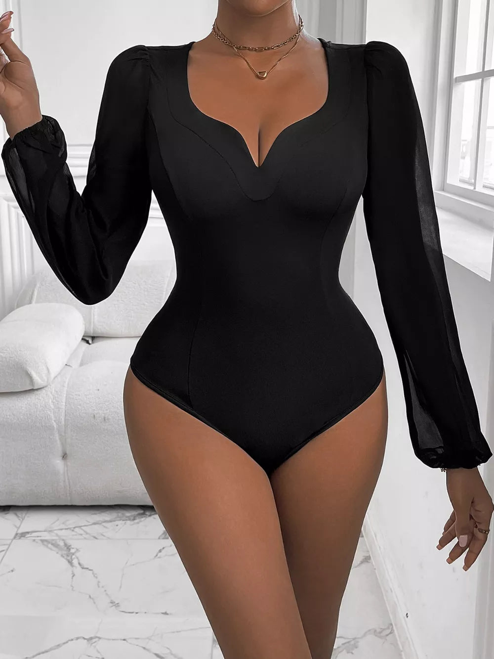 Perfee Sweetheart Neck Long Sleeve Bodysuit - Girly Tea