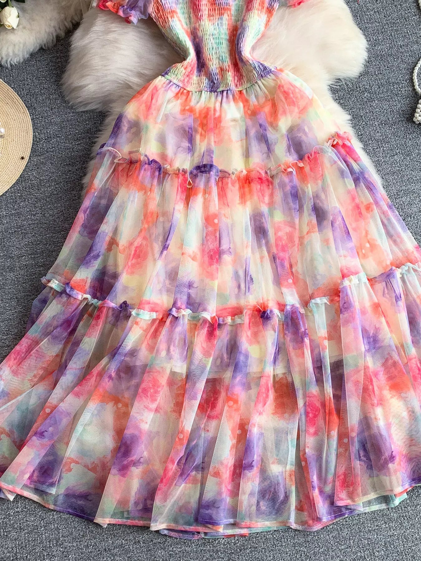 Smocked Floral Tiered Mesh Midi Dress - Girly Tea