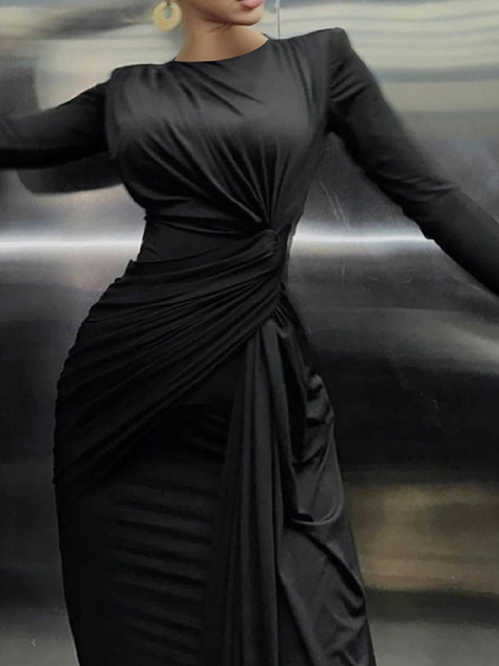 Ruched Knot Front Long Sleeve Maxi Dress - Girly Tea