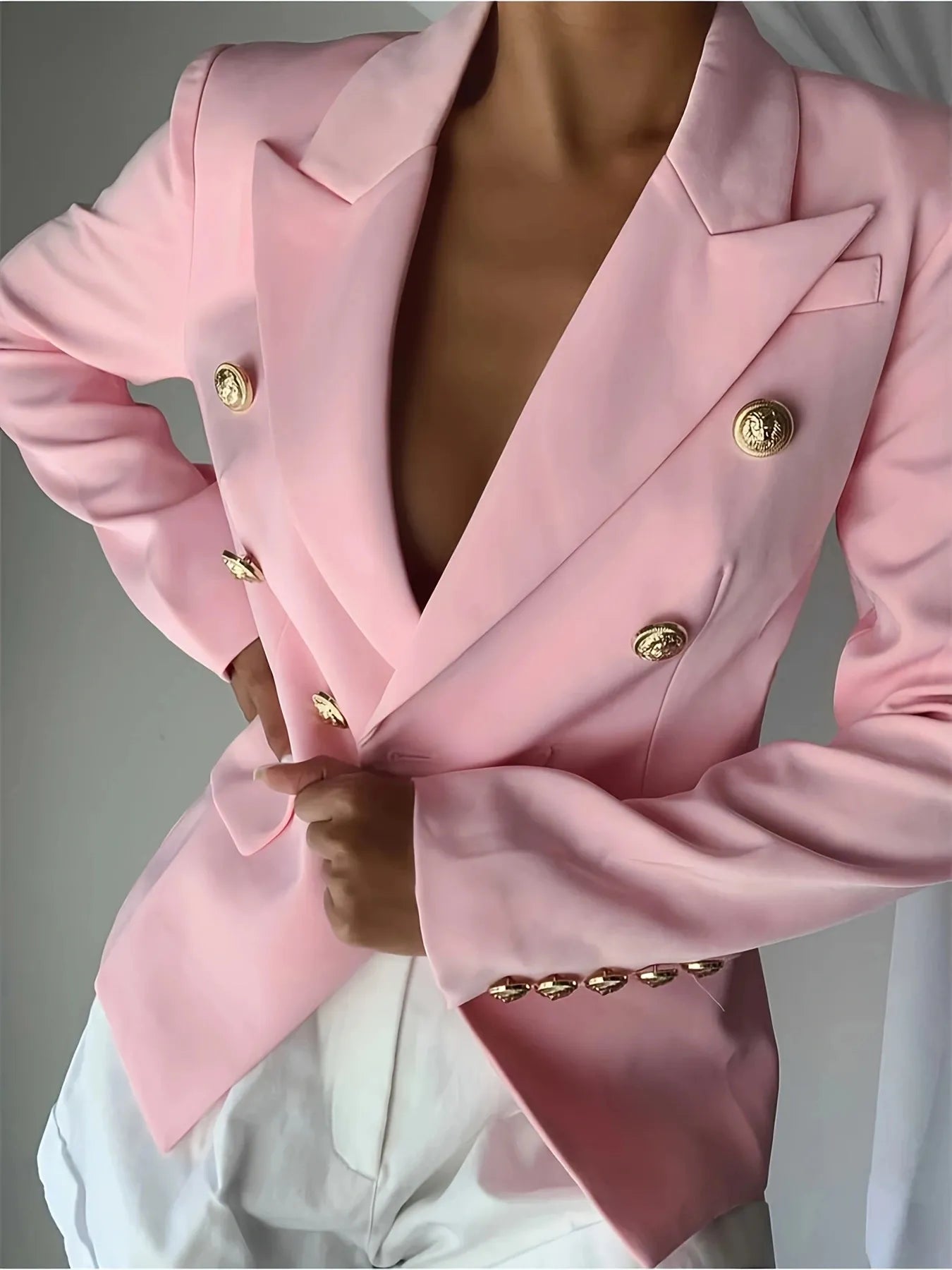 Decor Button Lapel Collar Blazer - Girly Tea