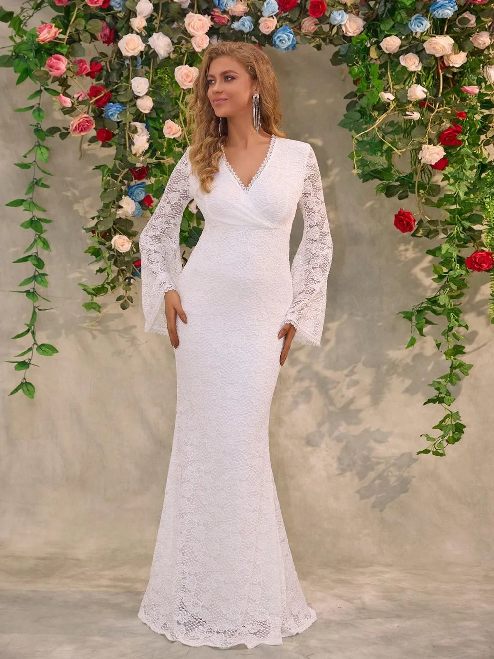 Lace Surplice Flare Sleeve Maxi Dress - Girly Tea