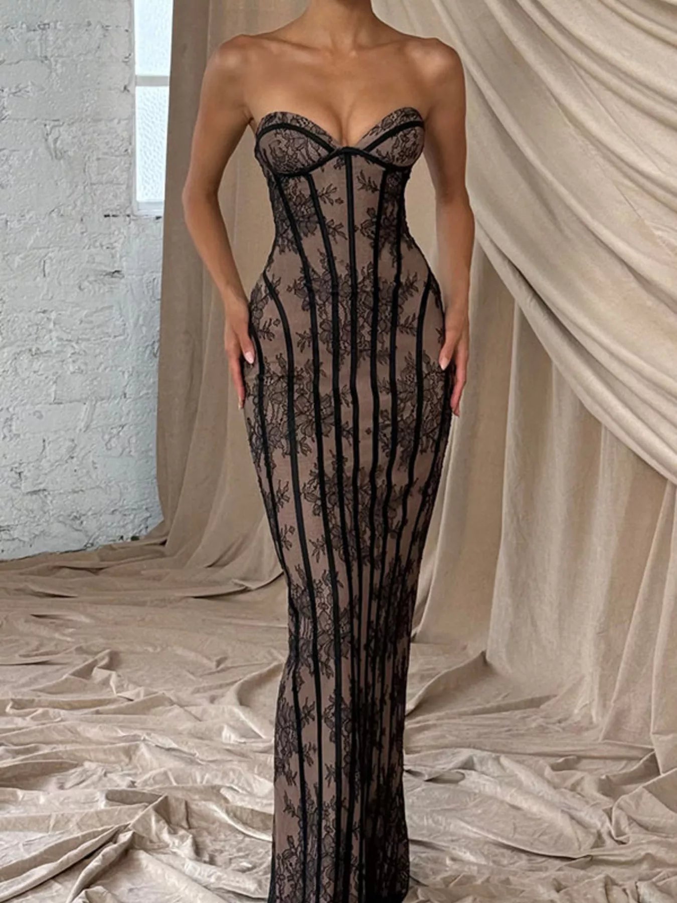 Lace Up Back Strapless Maxi Dress - Girly Tea