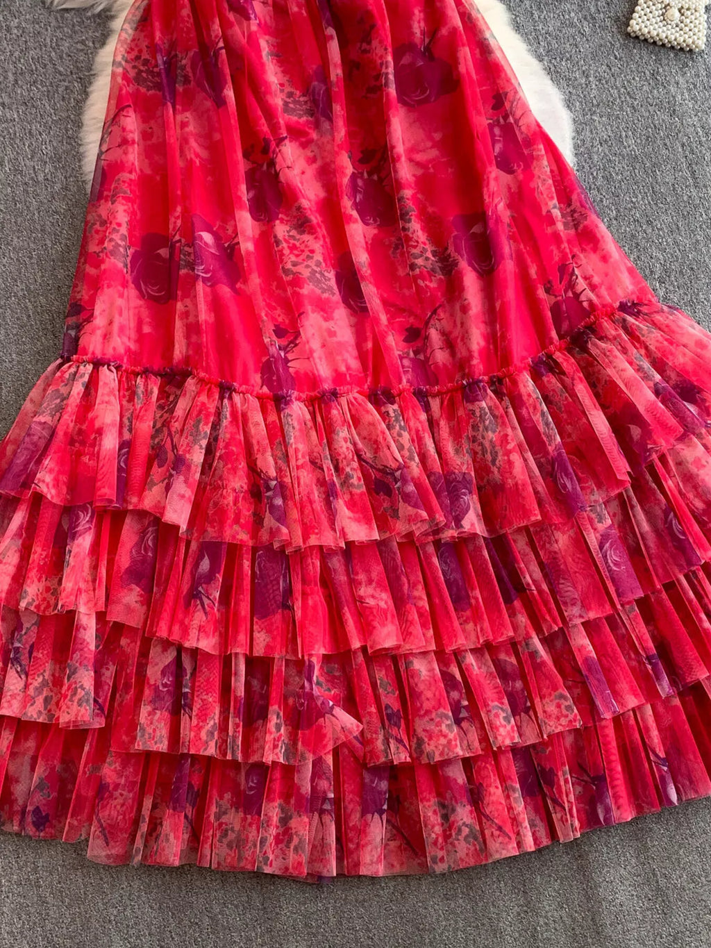 Floral Print Ruffled Layered Mesh Dress - Girly Tea