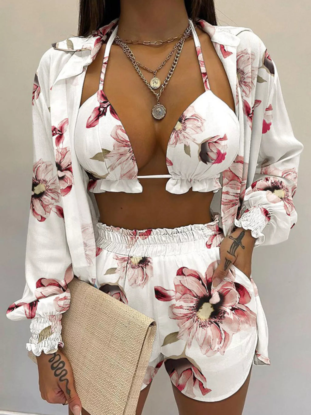 Full Size Halter Neck Cami & Shirt & Shorts 3-Piece Outfit Set Plus Size - Girly Tea