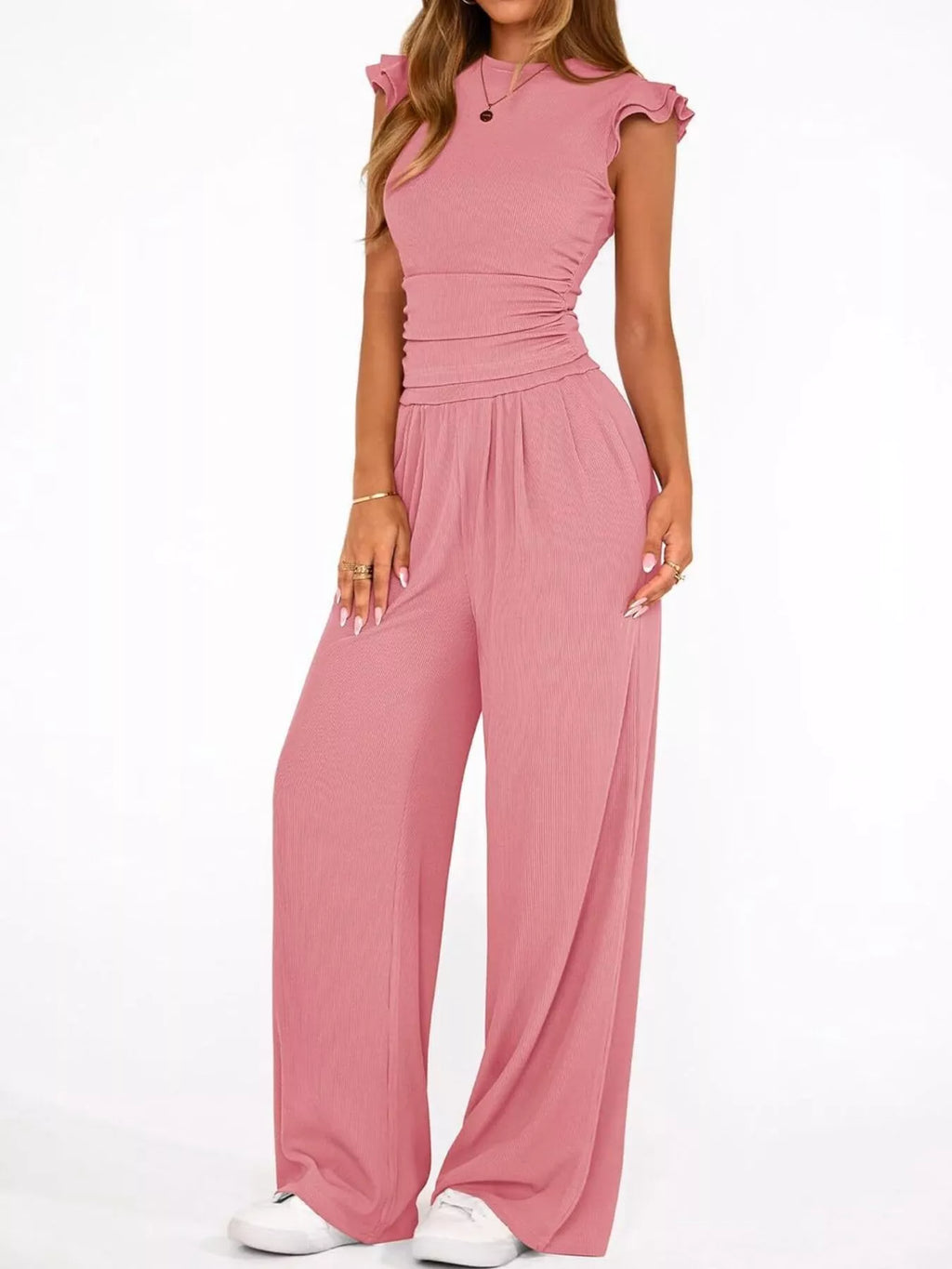Ruffled Mock Neck Top and Wide Leg Pants Set - Girly Tea