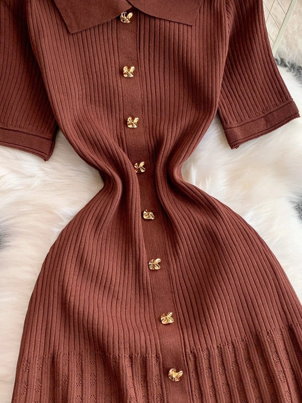 Button Front Ribbed Knit Midi Dress - Girly Tea