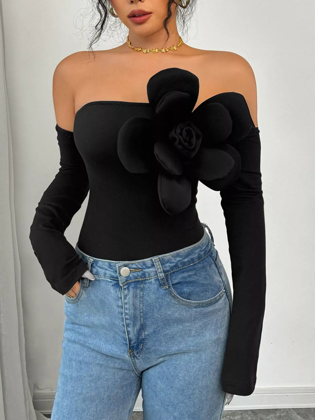 Flower Off-Shoulder Long Sleeve Bodysuit - Girly Tea