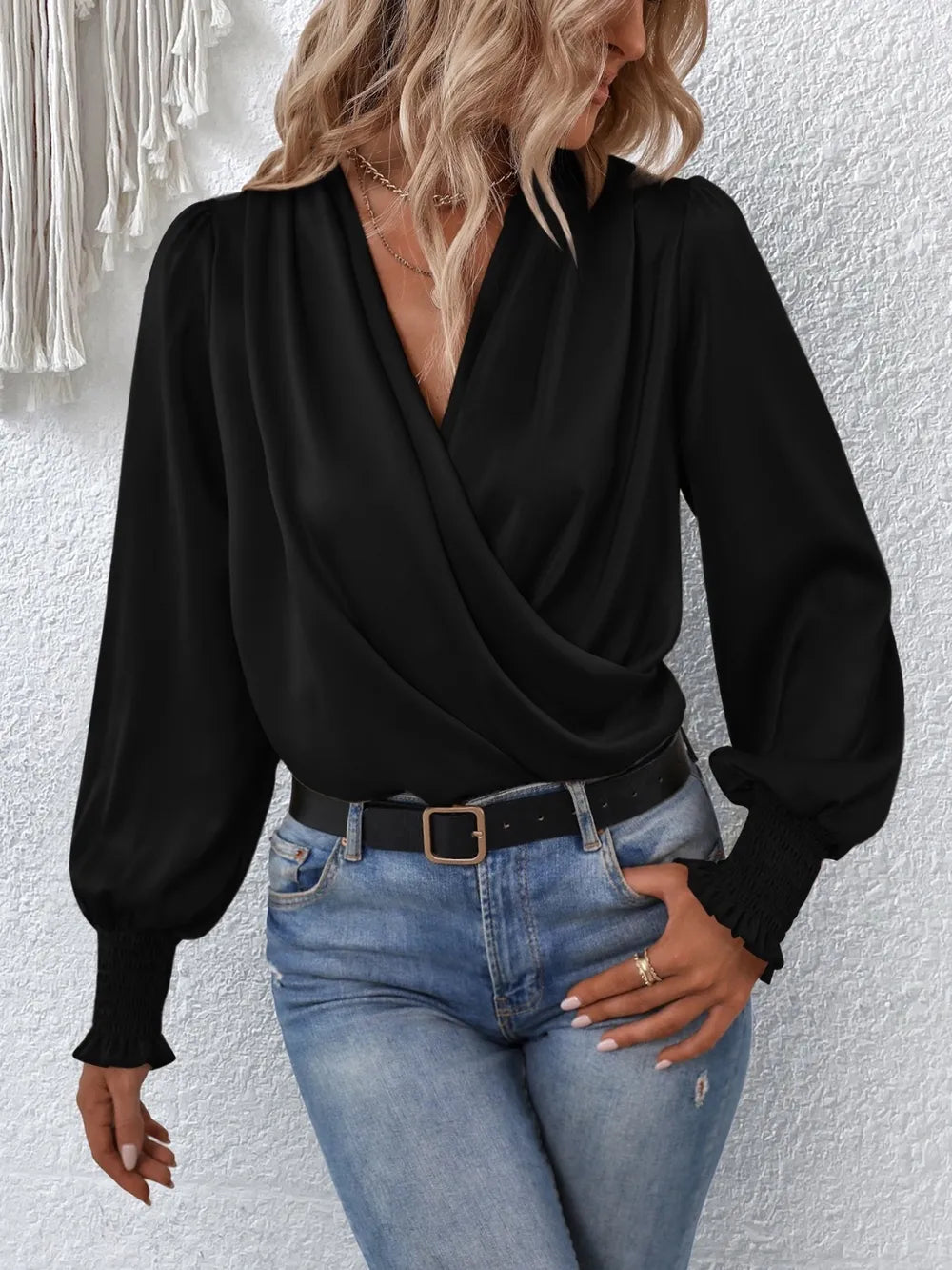 Surplice Smocked Lantern Sleeve Blouse - Girly Tea