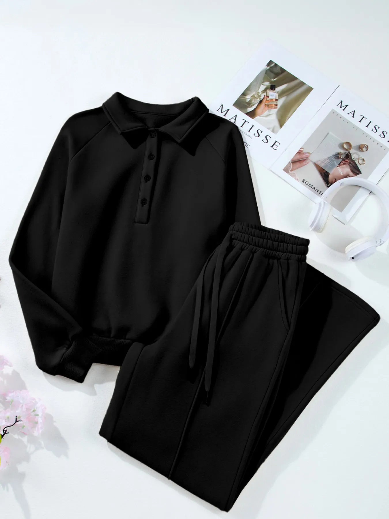 Collared Sweatshirt and High Waist Pants Active Set - Girly Tea