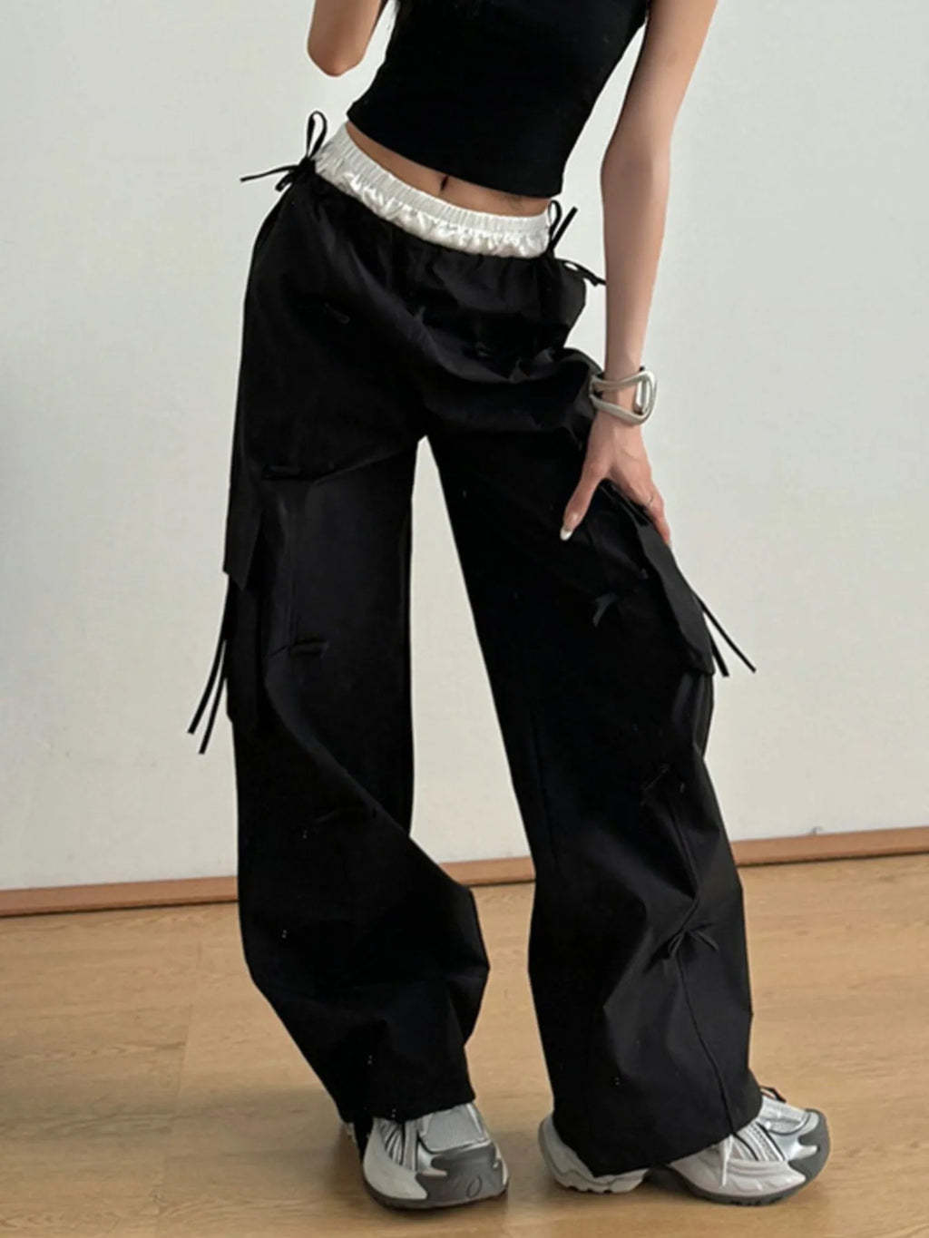 Bow Elastic Waist Cargo Pants - Girly Tea