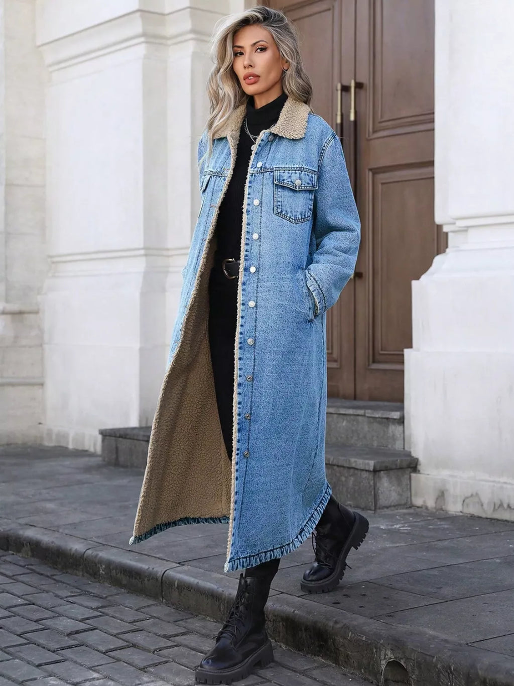Sherpa Lined Longline Denim Jacket - Girly Tea