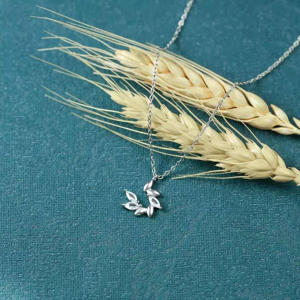925 Sterling Silver Zircon Leaf Pendant Necklace - Girly Tea