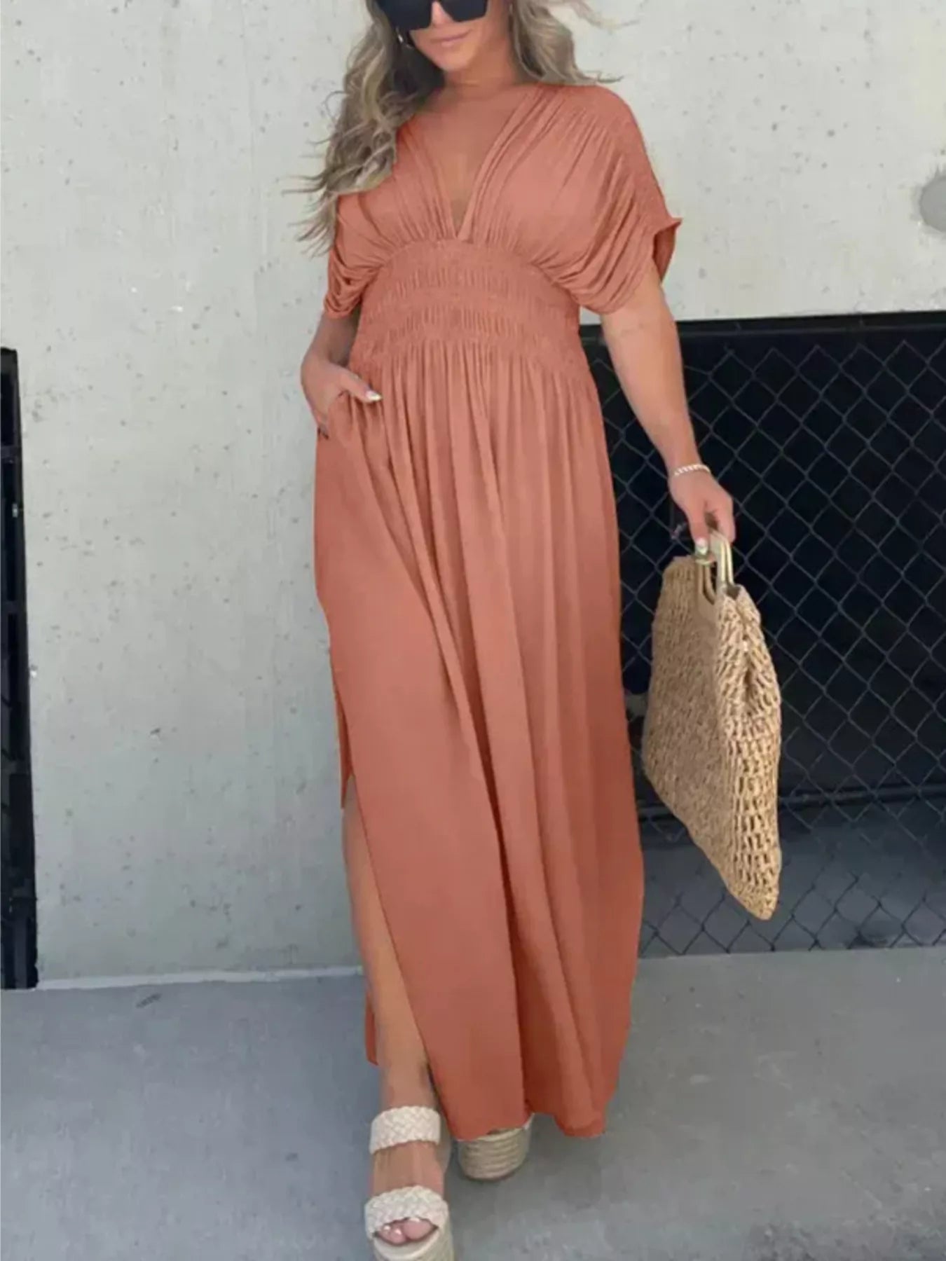 Full Size Slit V-Neck Smocked Waist Maxi Dress Plus Size - Girly Tea