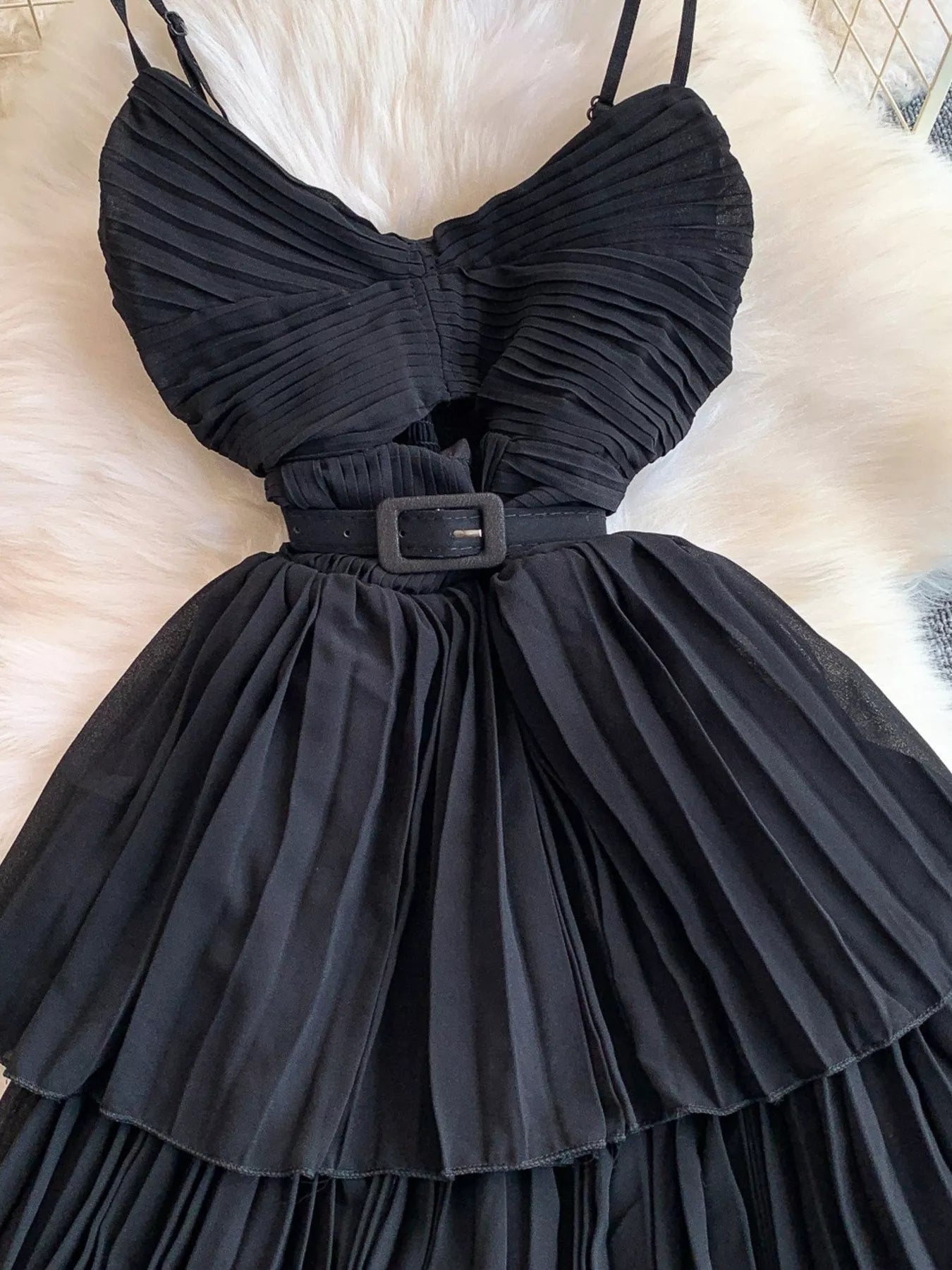 Pleated Layered Spaghetti Strap Midi Dress - Girly Tea