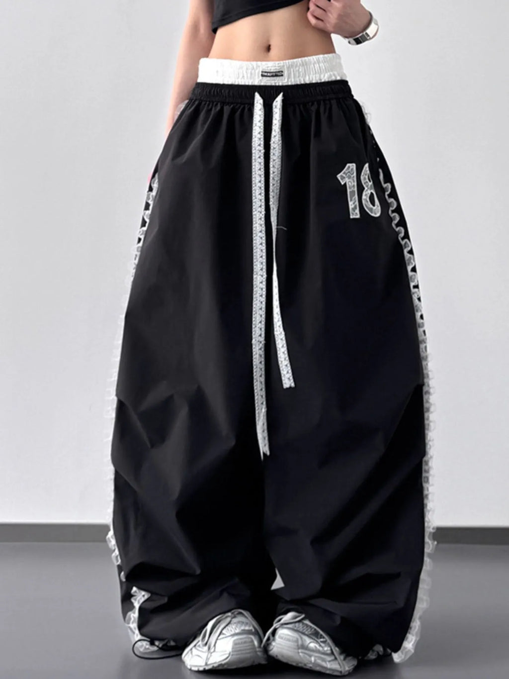 Lace Detail Drawstring Wide Leg Pants - Girly Tea