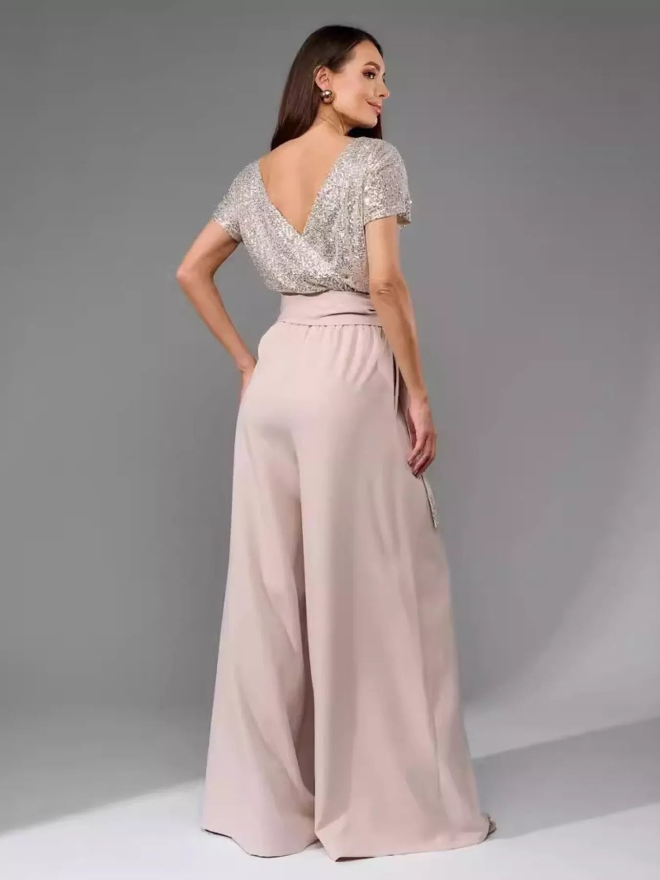 Full Size Sequin Short Sleeve Wide Leg Jumpsuit Plus Size - Girly Tea