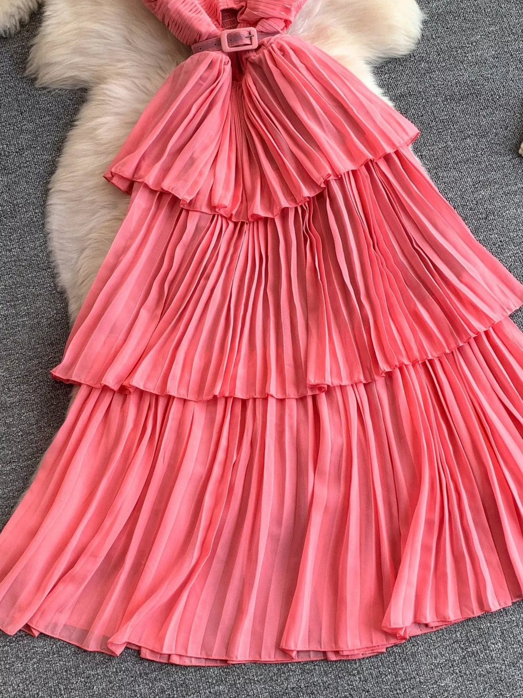 Pleated Layered Spaghetti Strap Midi Dress - Girly Tea