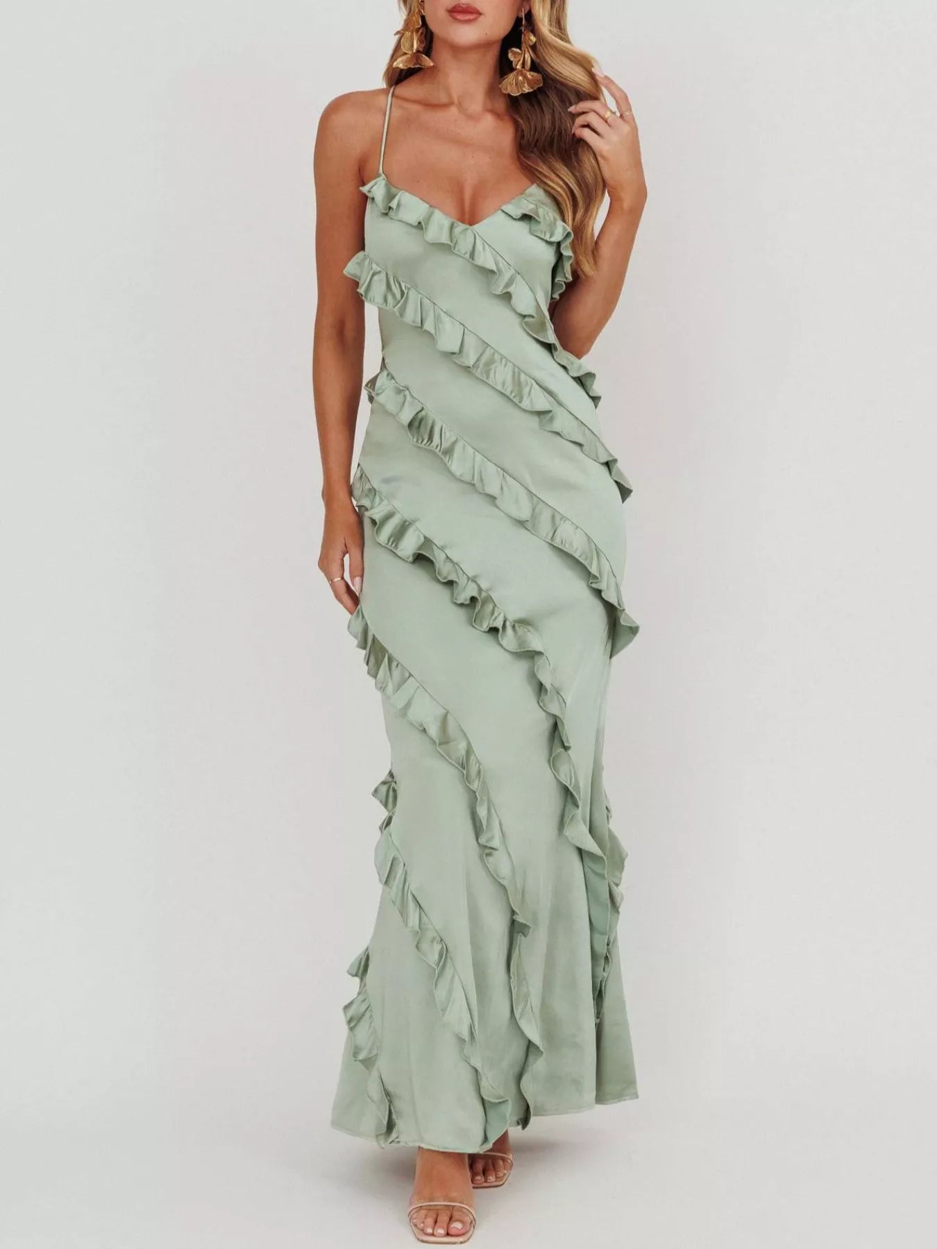 Ruffled Spaghetti Strap Maxi Dress - Girly Tea