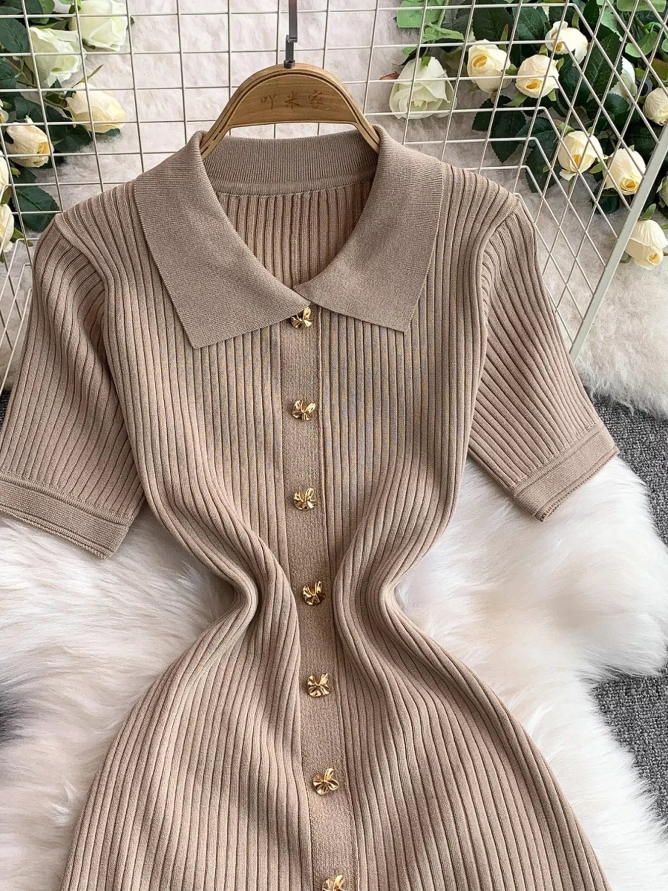 Button Front Ribbed Knit Midi Dress - Girly Tea