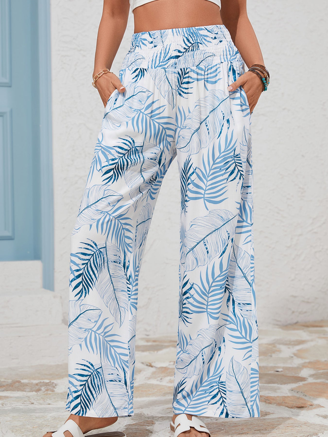 Tropical Print Shirred Waistband Wide Leg Pants - Girly Tea