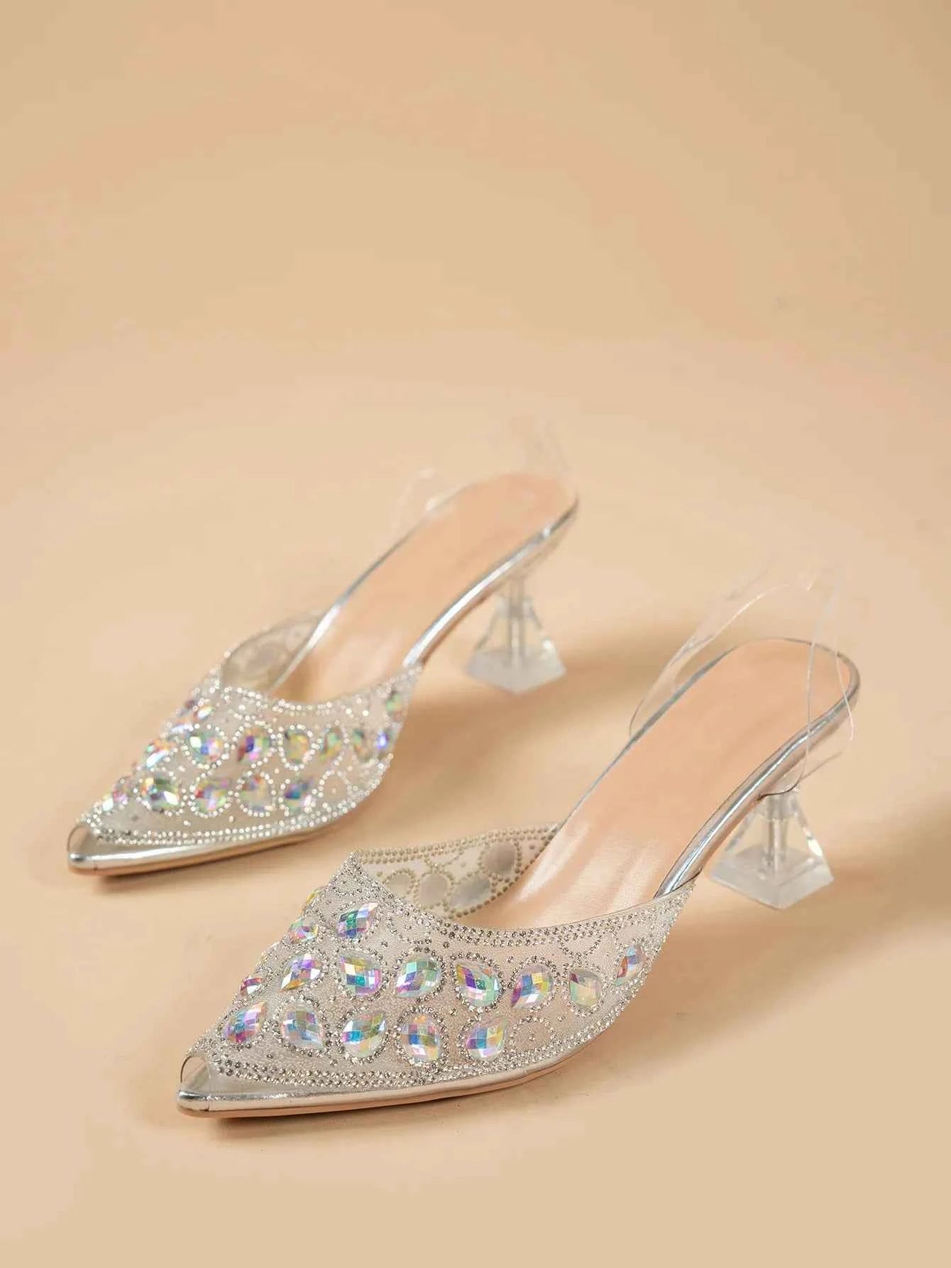 Rhinestone Point Toe Flare Heel Sandals