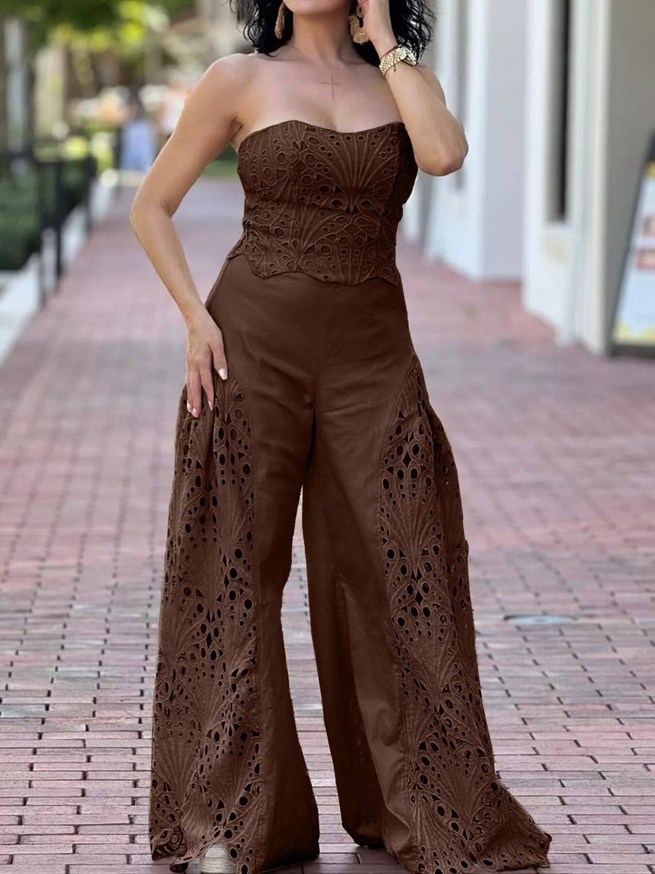 Hollow-Out Tube Top and Pants Two-Piece Set - Girly Tea