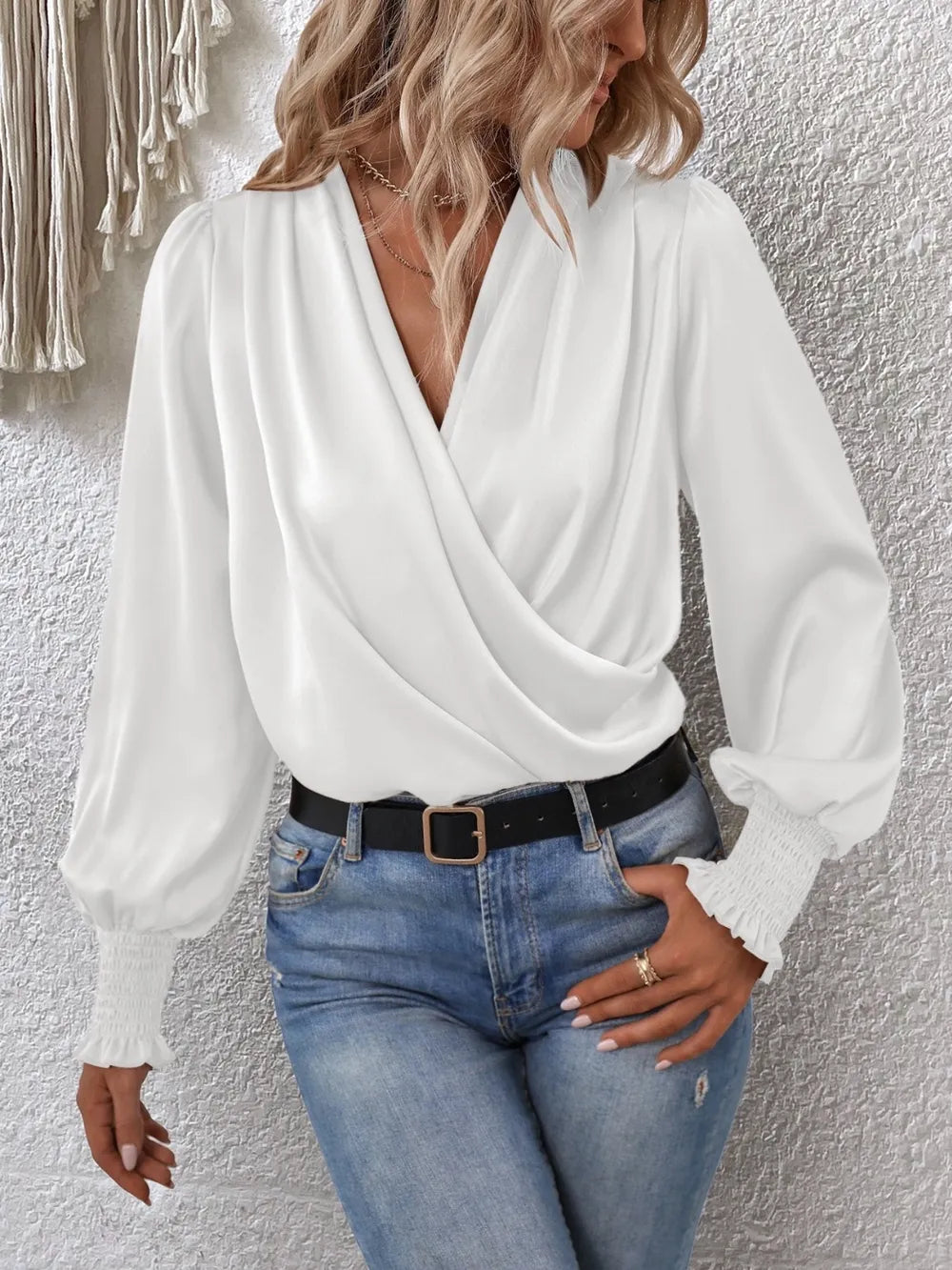 Surplice Smocked Lantern Sleeve Blouse - Girly Tea