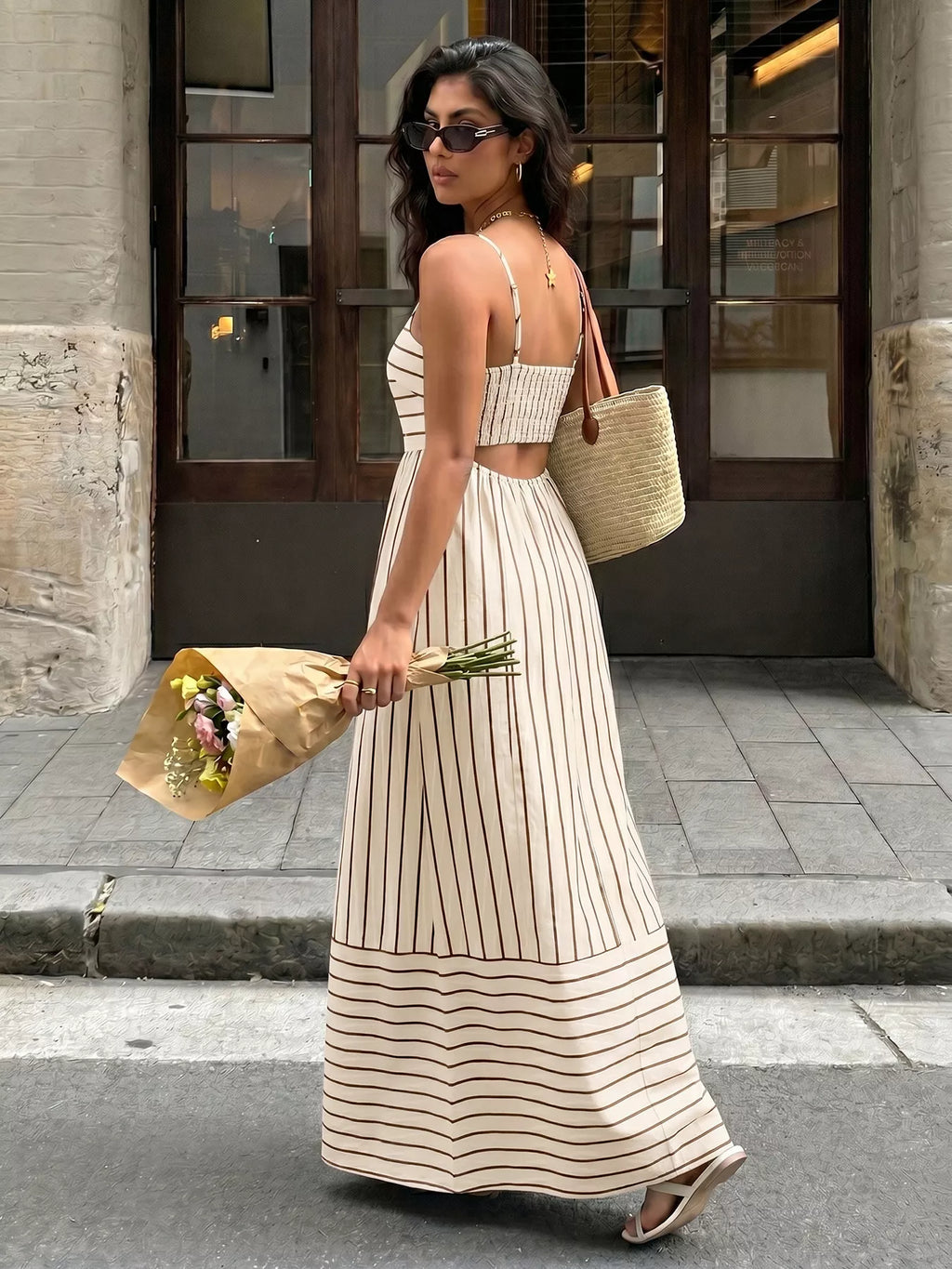Striped Print Spaghetti Strap Maxi Dress - Girly Tea