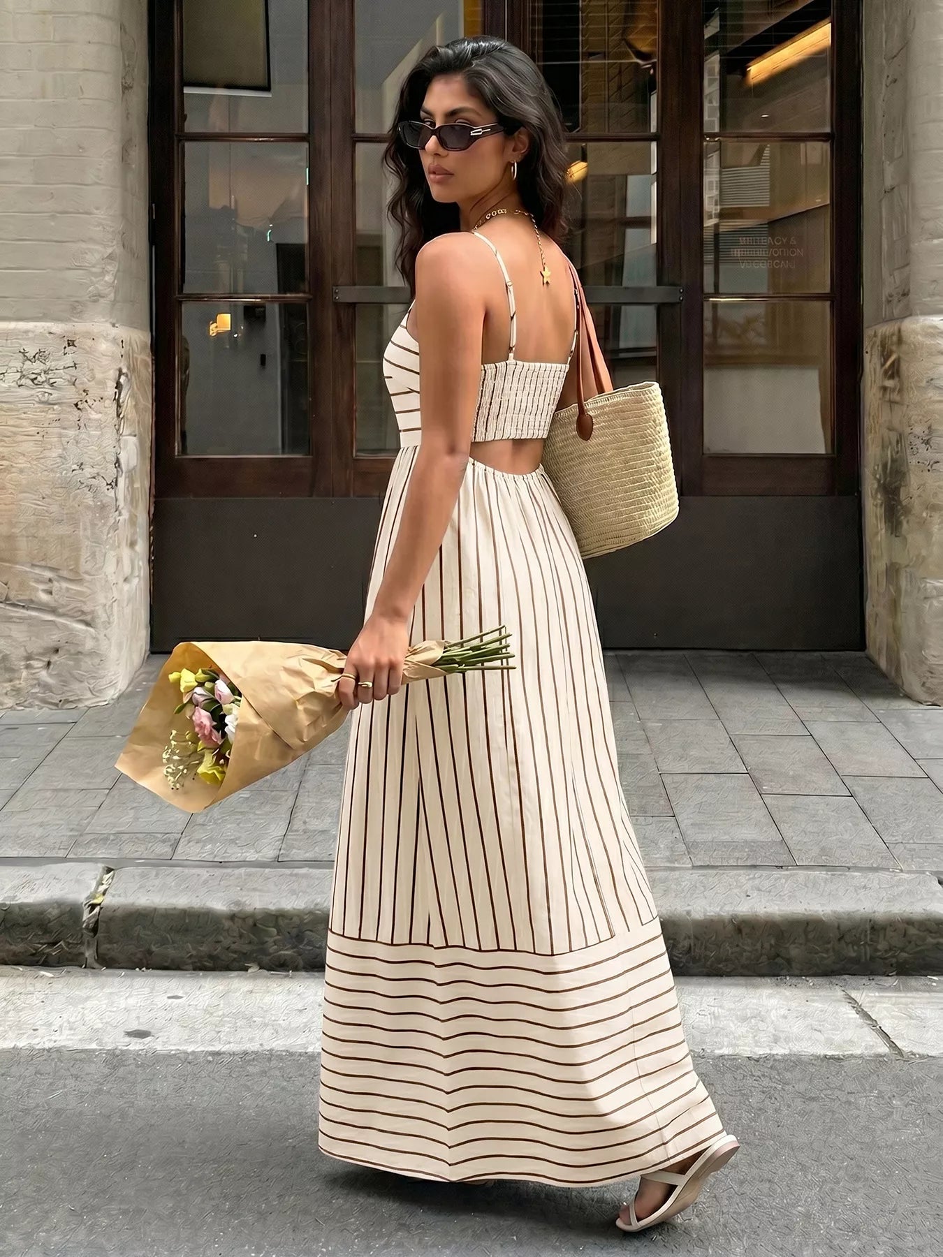 Striped Print Spaghetti Strap Maxi Dress - Girly Tea